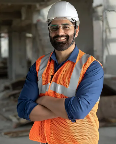 Contractor man Man in a hard hat with folded arms