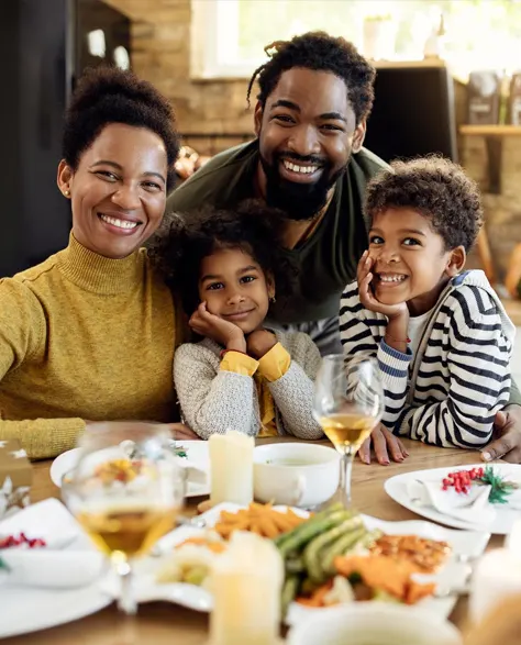 A happy family in their warm home.