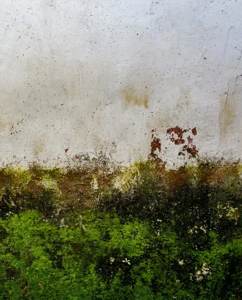 Mold and mildew on the foundation wall in the exterior of the house.