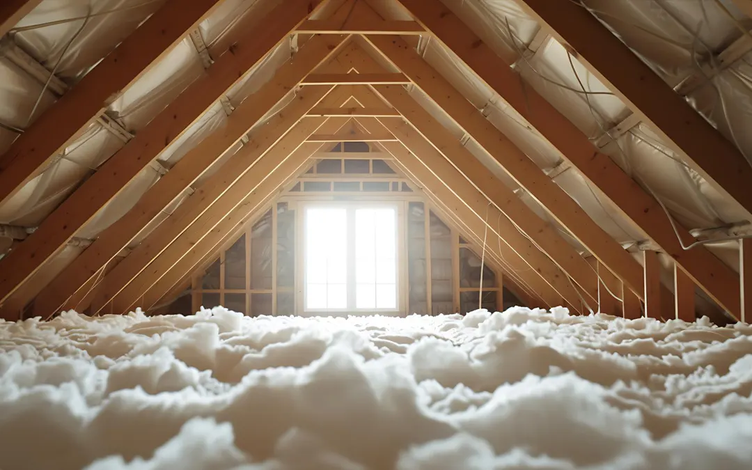 Newly installed fiberglass blown insulation in an attic 