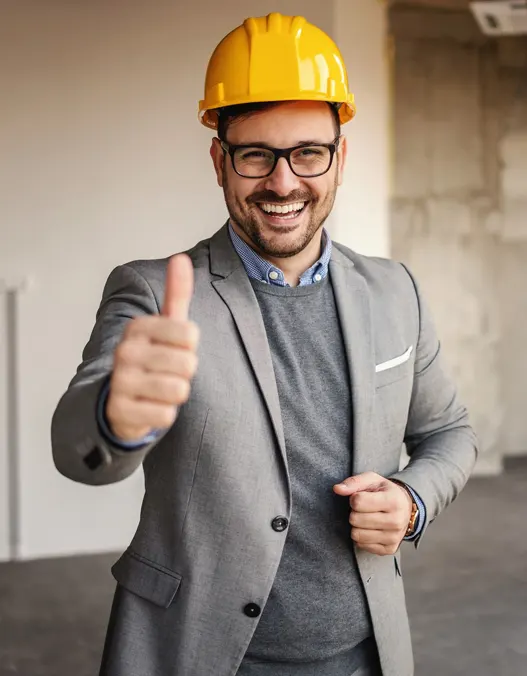 A professional contractor in a suit and hard hat in a construction site giving a thumbs up