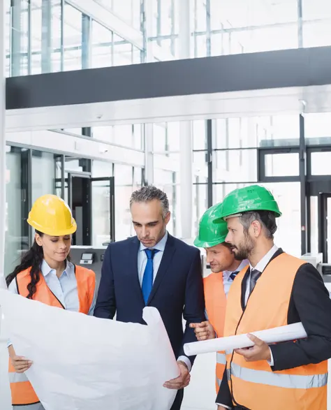 three contractors in hard hats discussing a strom channel construction project with a man for a commercial project<br />
