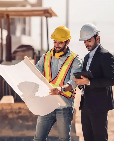 Two construction workers on a construction site studying a blueprint while wearing hard hats