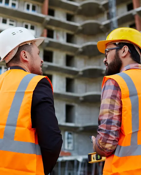 Two contractors in hard hats discussing the project 