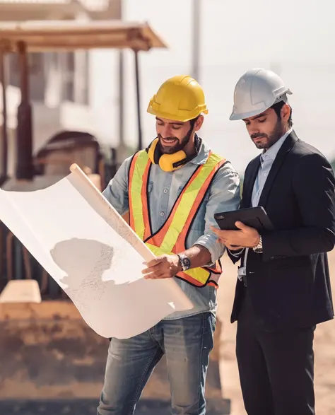 Two contractors studying a blueprint