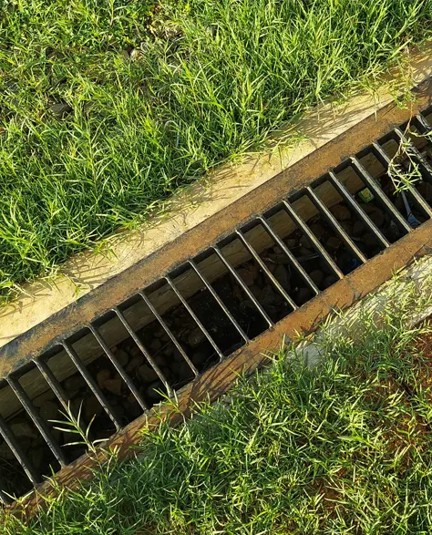 Yard Drainage: A drain installed in a yard on a lawn