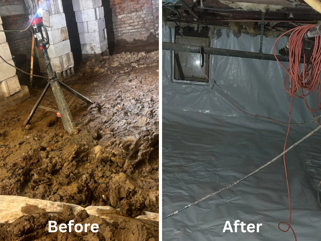 Can You Encapsulate a Crawl Space in a Flood Zone? A Before and After Picture of a Wet Crawl Space the Zavza Seal Team Encapsulated in Long Island, NY