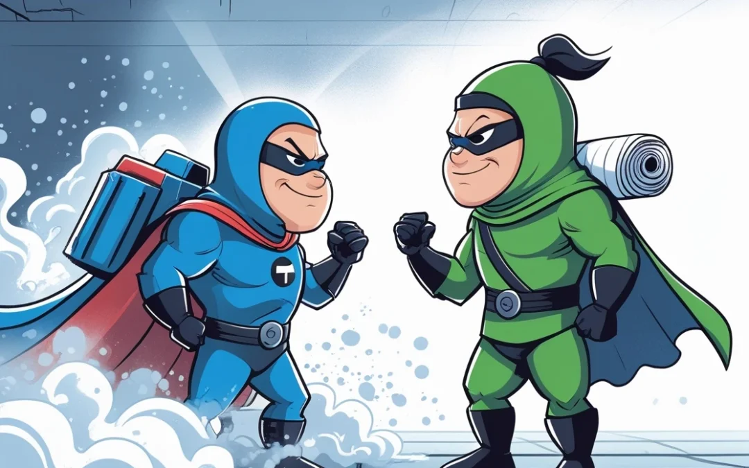 Crawl Space Mold Fogger vs. Crawl Space Encapsulation - A Cartoon of Two Superheroes, One in Blue with a Rocket Pack Full of Fog, and One with a Green Suit and a Rolled-Up Vapor Barrier on His Back