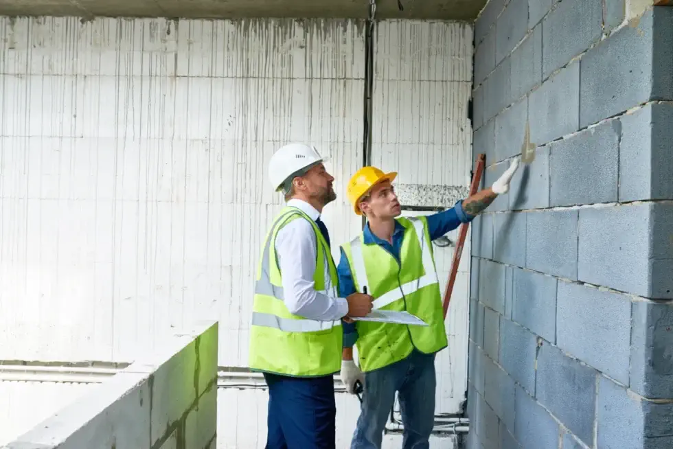 What Causes Bowing Foundation Walls? A Contractor Showing Another Contractor a Bowing Wall