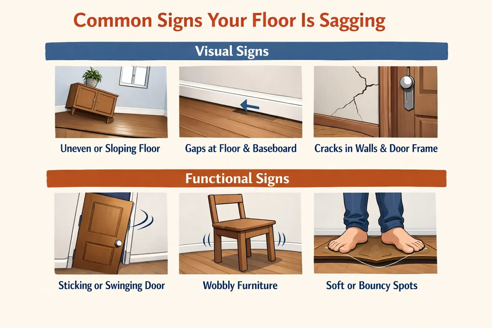 Image showing the common signs of floor sagging both the visual signs and the functional. 