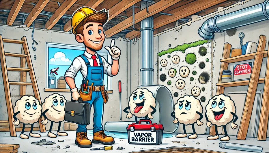 Does a Vapor Barrier Prevent Mold Growth? - A Cartoon of a Mold Remediation Tech in a Basement with Mold All Around