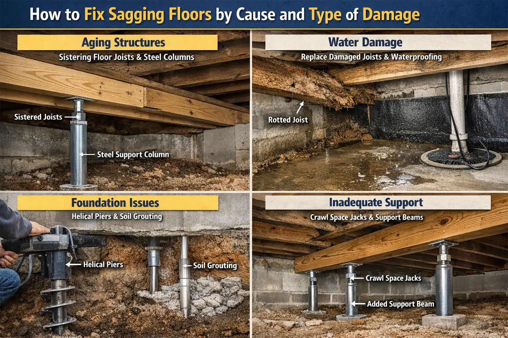 How to sagging floors images with different types of damages and solutions: like aging structure, water damage, foundation issues and inadequate support 