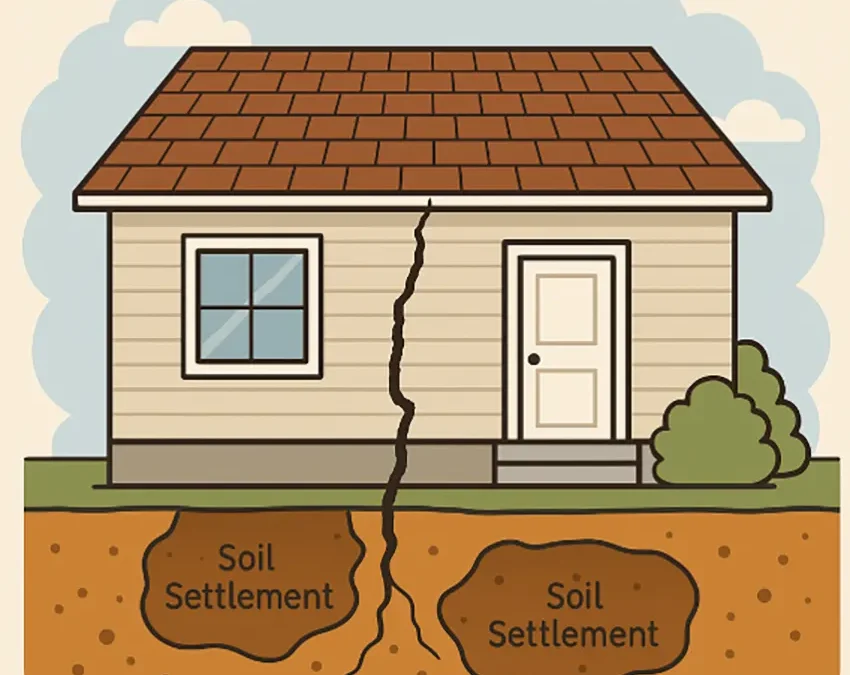 A diagram showing the effects of soil settlement on the house with a large crack in the centre