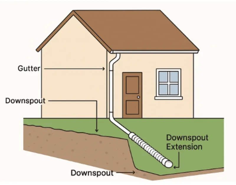 A diagram that shows the gutter, the downspout, and the downspout extension. 