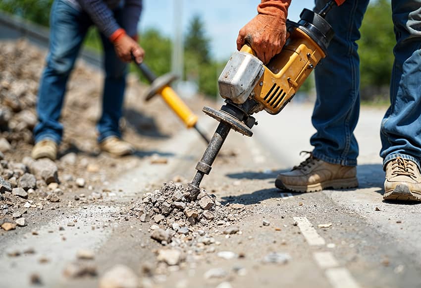 Contractors working on concrete to apply mudjacking services