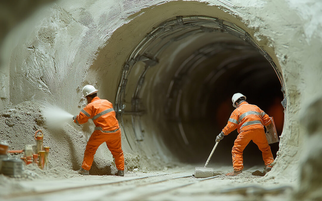 A team of contractors from the Zavza Seal Team applying the shotcrete technique on the walls of a tunnel