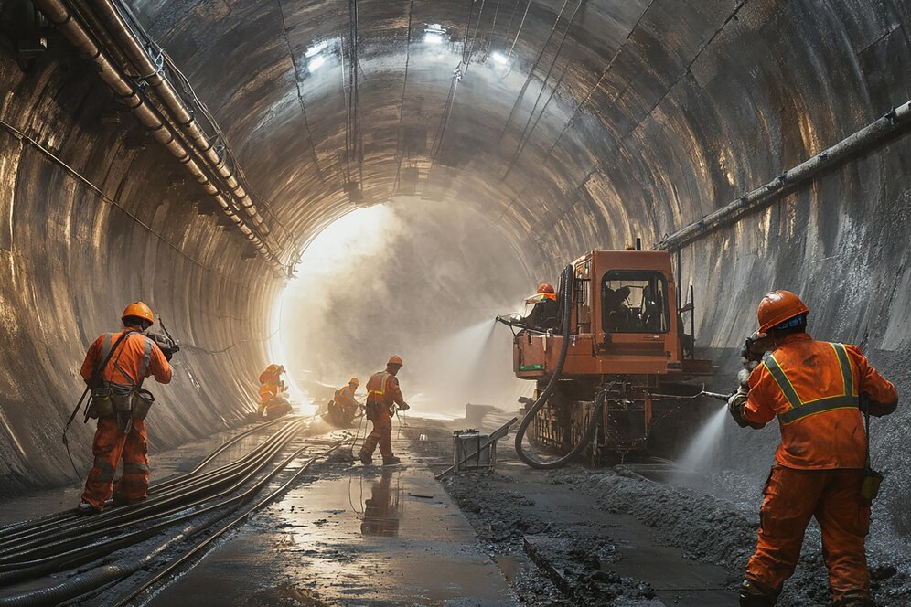 Construction workers applying the shotcrete and gunite technique in tunnel work.