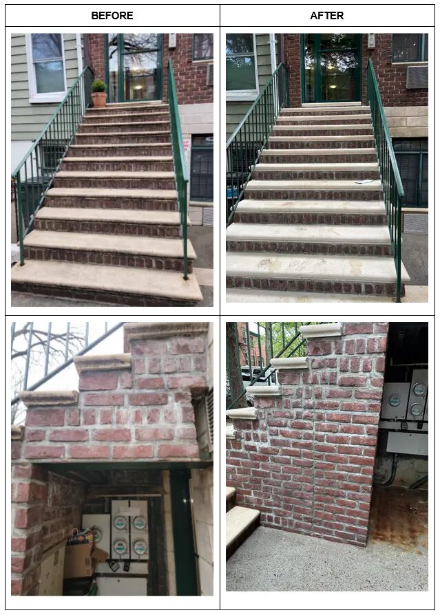 Before-and-after visuals of exterior staircase sealing and steel support restoration in the Brooklyn property.