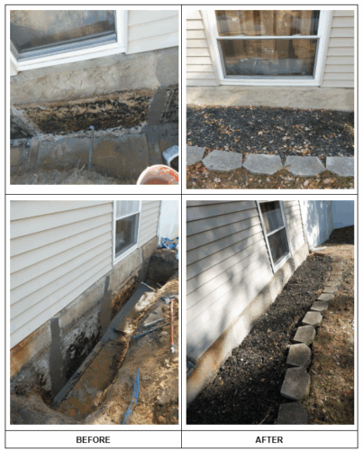 before and after pictures of waterproofing process in the exterior of the property 