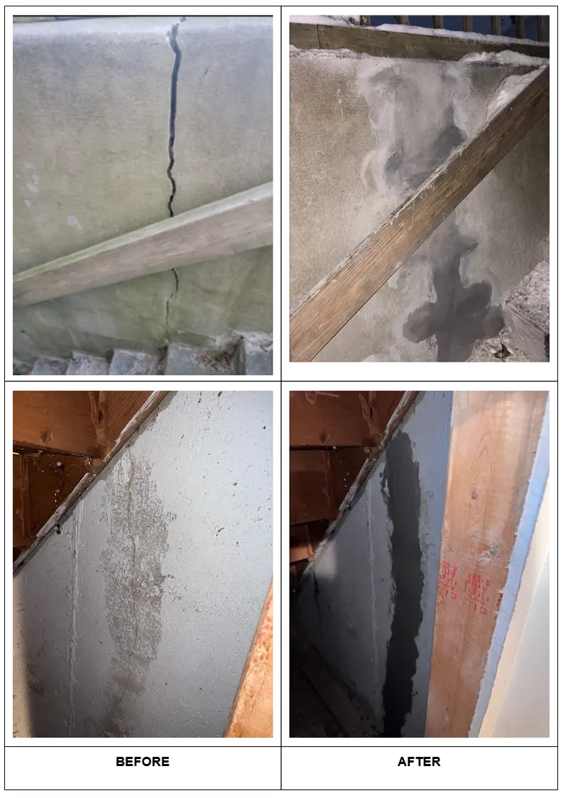 Before and after photos of the foundation crack repair in deer park by our zavza seal team. 