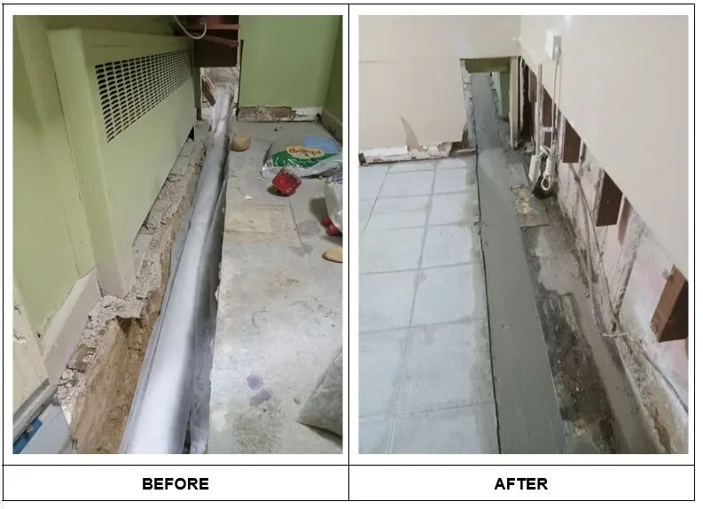 Before and after pictures of drainage system replacement in Sautauket, NY