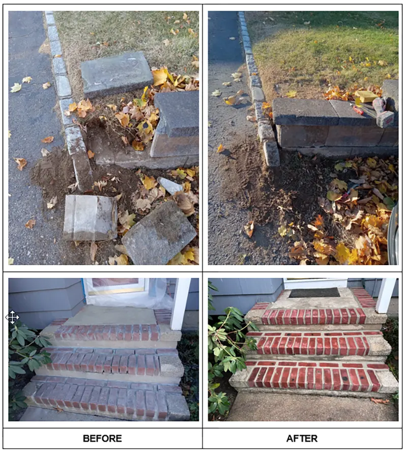 A before and after imagery of brick stoop repair and the repair of the retaining wall 