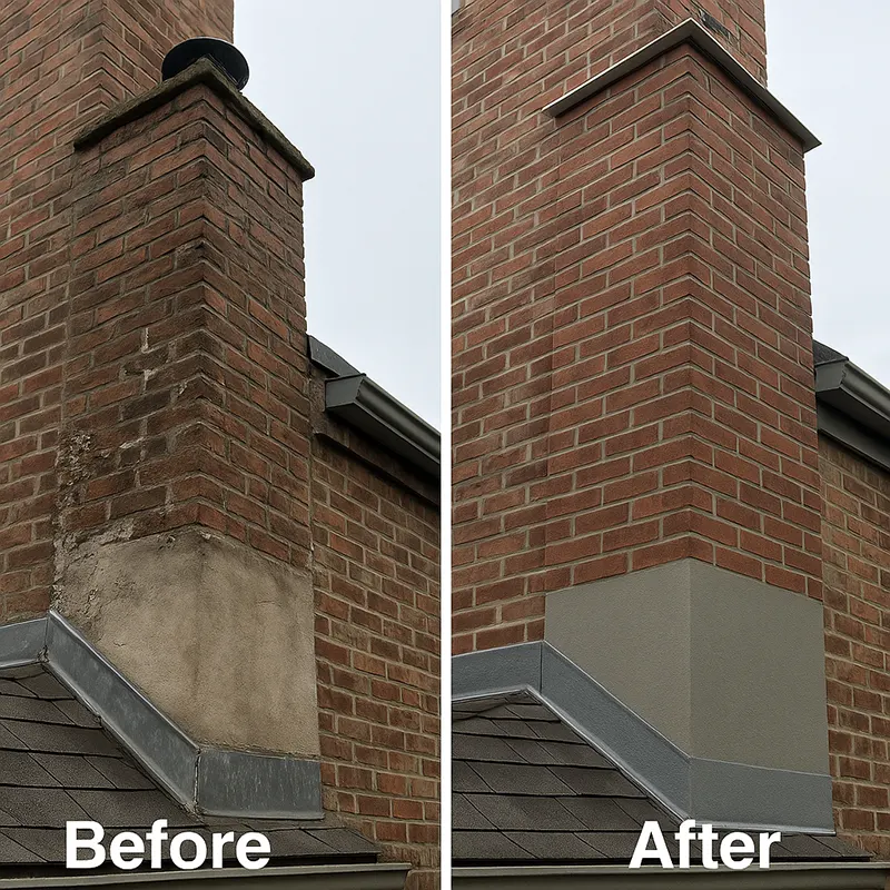 A before and after picture of the chimney repair 