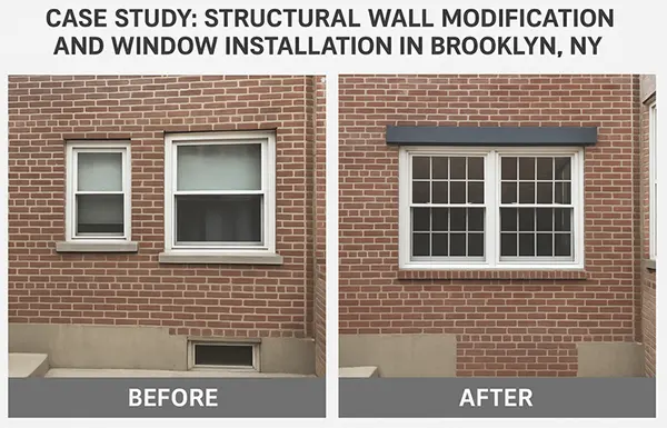 Before and after picture of structural wall modification and window 