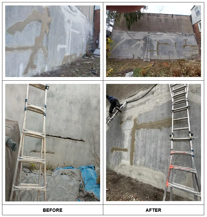 Before and after images of the exterior wall waterproofing project 