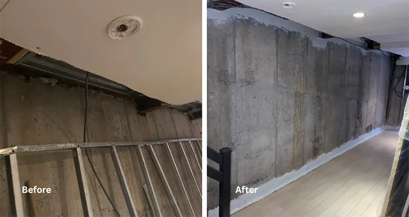 Basement Foundation Waterproofing – Greenpoint Ave, Brooklyn, NY – A Before and After Picture of a Waterproofing Project in Greenpoint Ave, NY