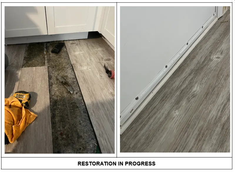 Interior floor restoration in progress in Manorville, NY showing vinyl plank installation and subfloor repair near kitchen cabinets and wall baseboard.
