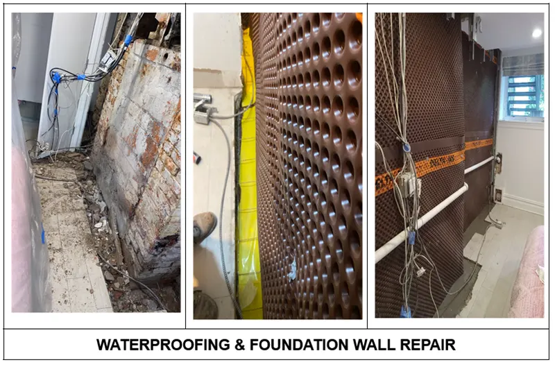 Interior basement waterproofing and rubble stone foundation wall repair in Brooklyn, NY, showing demolition, drain installation, and dimpled membrane system.