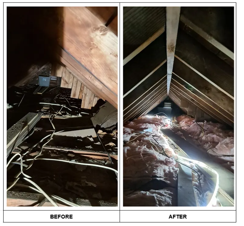 before and after of the insulation project in the attic.