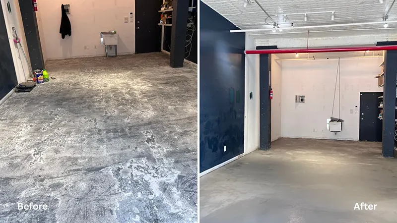 Basement Floor Waterproofing in Commack NY – A Before and After Picture of a Basement Floor Waterproofing Project by Zavza Seal LLC