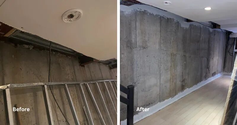 Basement Foundation Waterproofing – Greenpoint Ave, Brooklyn, NY – A Before and After Picture of a Waterproofing Project in Greenpoint Ave, NY