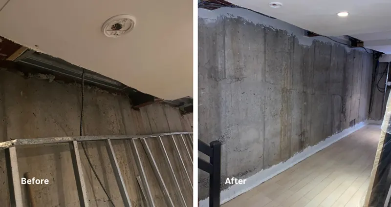 Basement Foundation Waterproofing – Greenpoint Ave, Brooklyn, NY – A Before and After Picture of a Waterproofing Project in Greenpoint Ave, NY