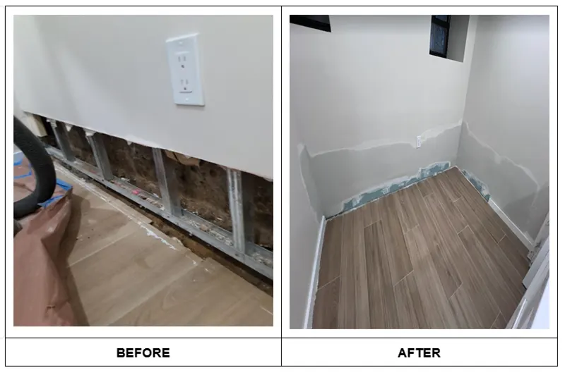 Before and after images of the repair work