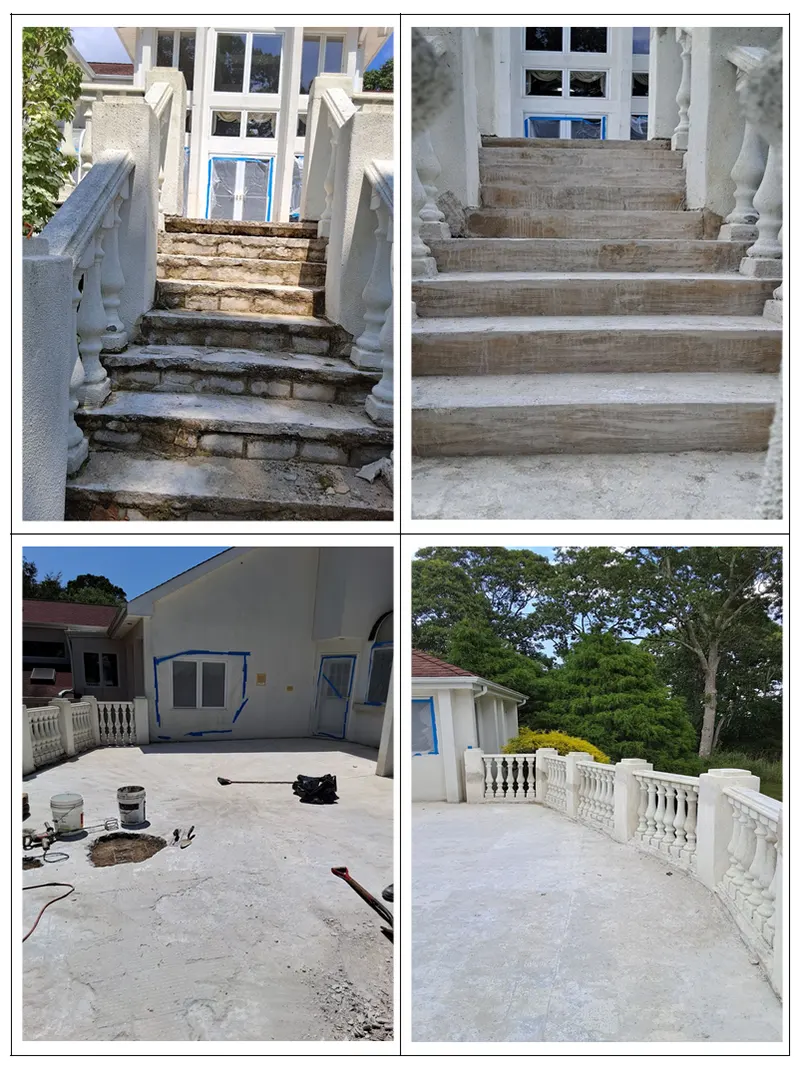 Before and after images of the patio repair work. The staircase repair work and the potholes as well and the reconstruction of the patio can be seen.