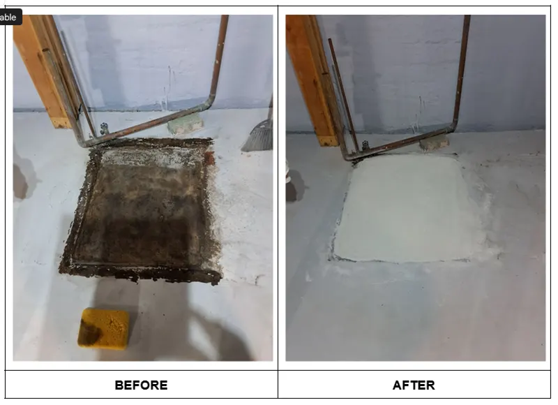 Concrete slab after waterproofing and restoration work in Long Beach, NY. before and after