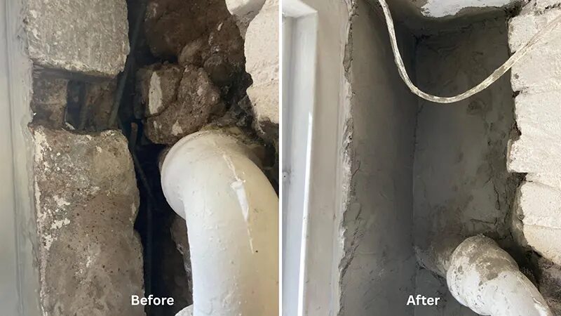 Corner Waterproofing in East Northport, NY - A Before and After Picture of the Project After Repair was Completed by Zavza Seal LLC