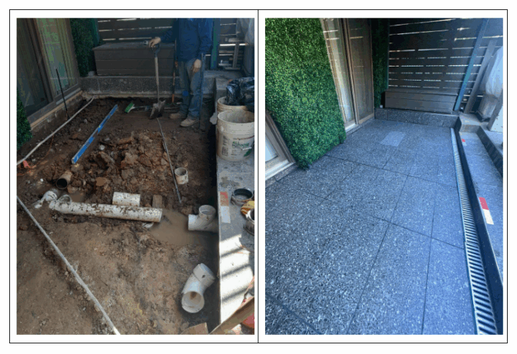 Before & after images of the drainage system repair in Brooklyn, NY 