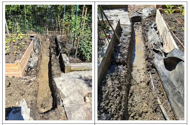 The photos in progression of the project starting from digging, laying pvc pipe for drainage system to the end product.