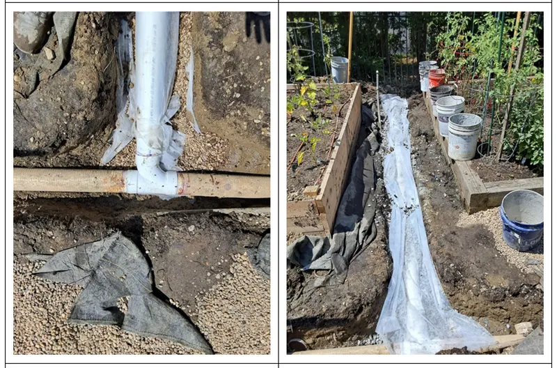 The photos in progression of the project starting from digging, laying pvc pipe for drainage system to the end product.