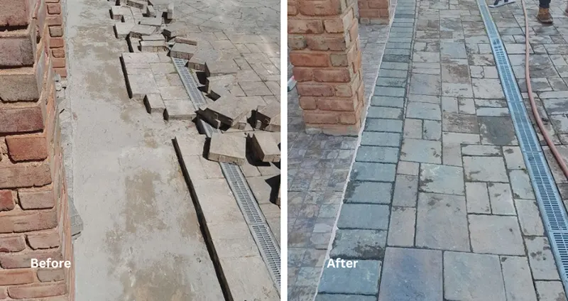 A worker installing a dark brick border between a paved driveway and a tiled entrance area before and after
