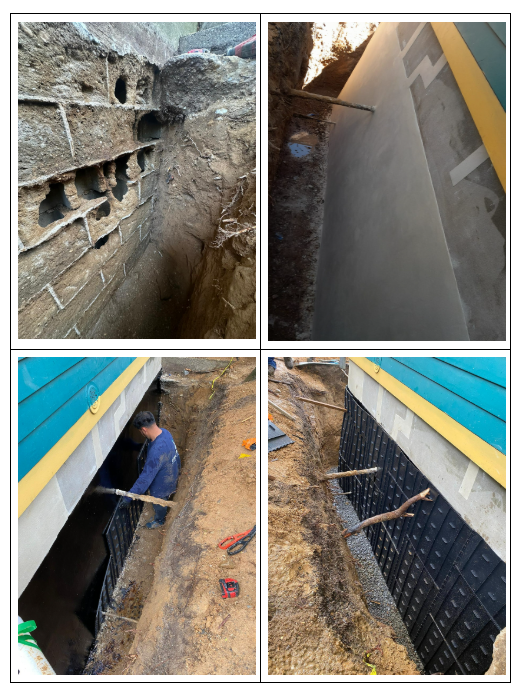 Foundation waterproofing in progress with structural repair in the exterior of the property