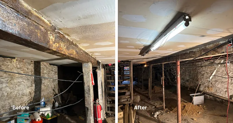 Horizontal Beam Reinforcement – Brooklyn, NY - A Before and After Picture from a Structural Reinforcement Project in Brooklyn