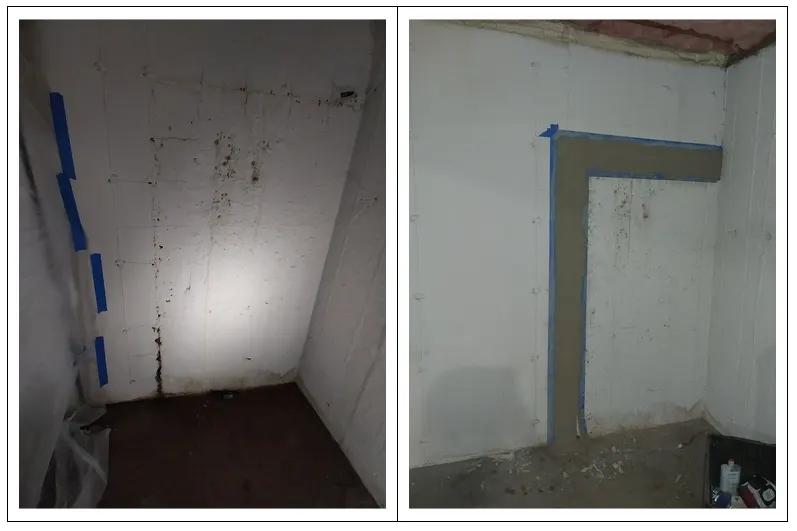 Before and after images of interior basement wall waterproofing in Brooklyn, NY showing water damage repair and joint sealing for improved drainage and moisture protection.