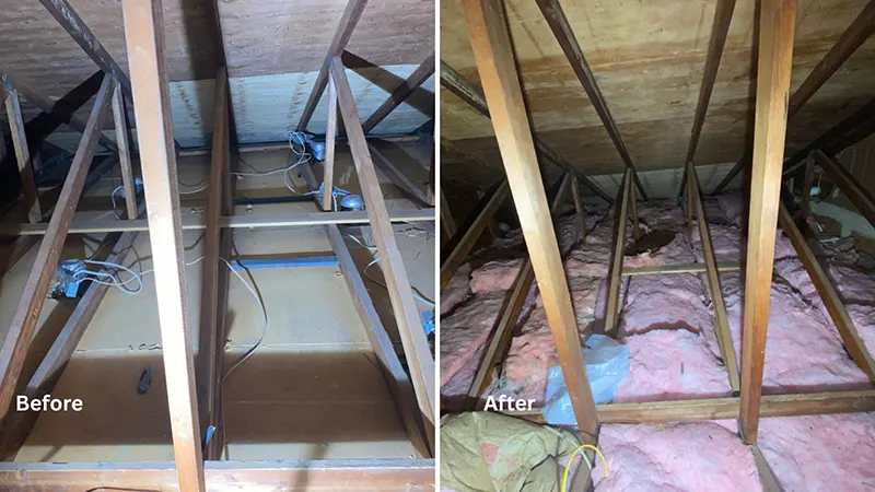 A Before and After Picture for the Same Porch Ceiling Insulation Project in Little Neck