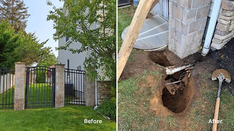 Stone Fence Column Repair in Oceanside, NY - A Before and After Picture Showing An Underpinned Stone Column