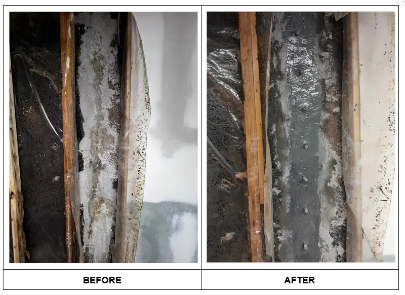 Side-by-side comparison of a wall section before and after mold remediation and structural repair. The 'before' image shows dark mold growth and water damage on insulation and wooden studs. The 'after' image shows the same area cleaned, with mold removed and the wall sealed with fresh cement or waterproof coating.